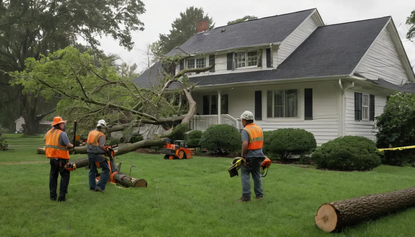 A tree service crew clearing a fallen tree from a home's front yard in Manassas after a storm