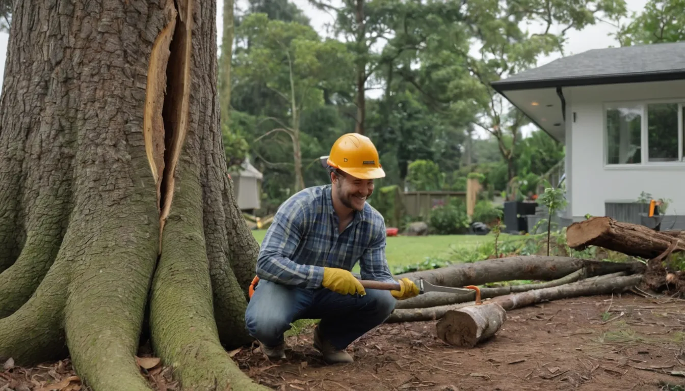 A provider inspecting the base of a tree trunk in the Manassas area