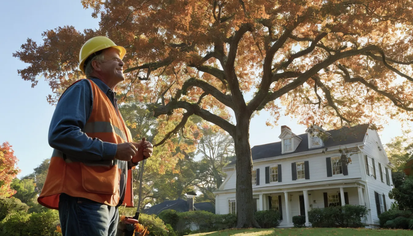 A homeowner in Manassas looking up at a tall tree beside a colonial house