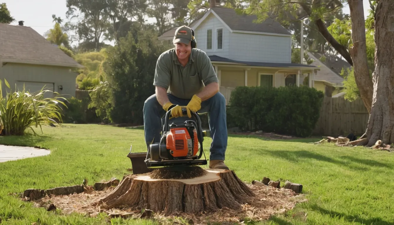Stump grinder working on a tree stump in a residential backyard in the Manassas area