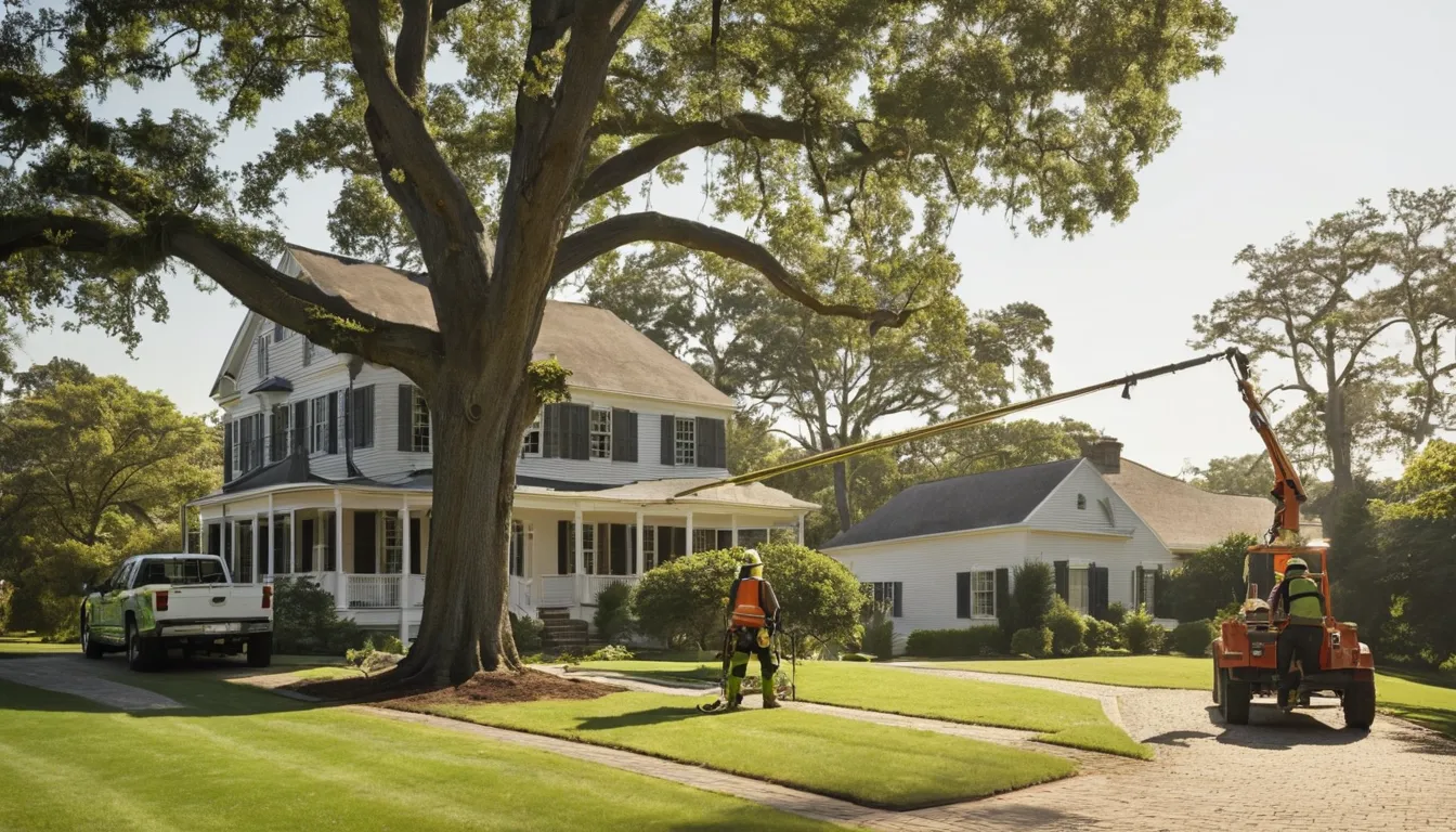 Tree removal provider lowering a section of a large backyard tree beside a colonial home in Manassas